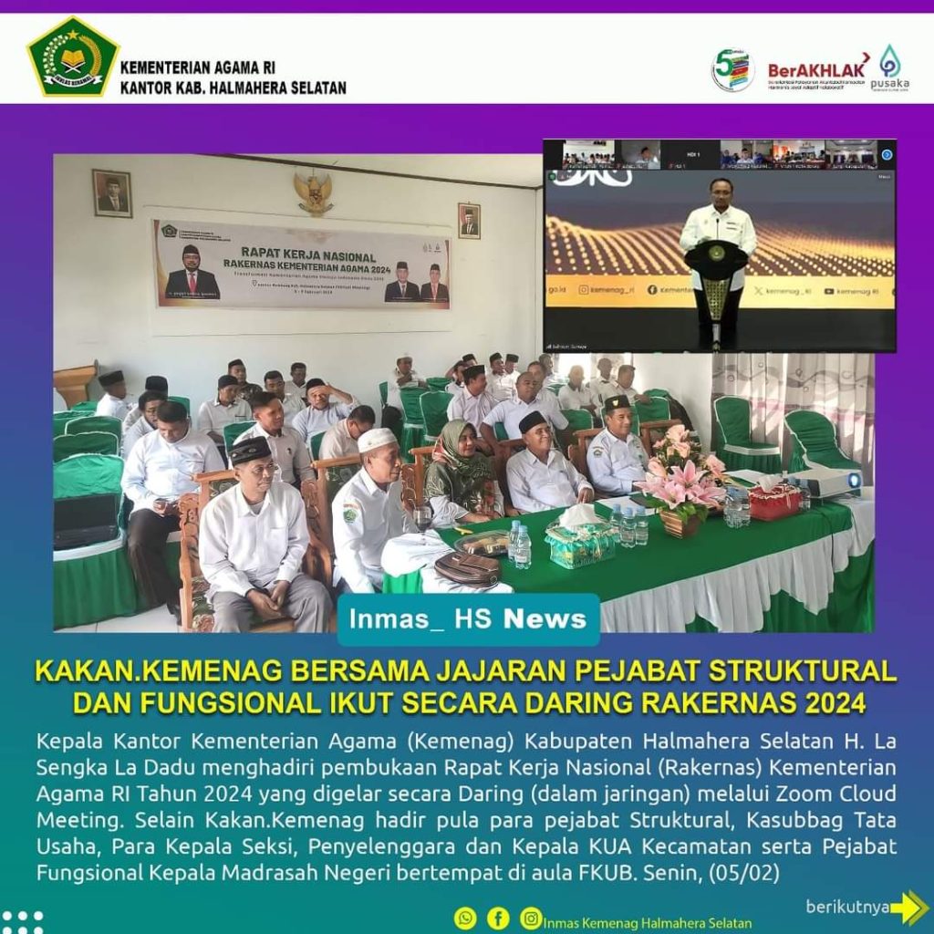 Kakankemenag Halsel Bersama Jajaran Pejabat Struktural dan Fungsional Ikut Secara Daring Rakernas 2024