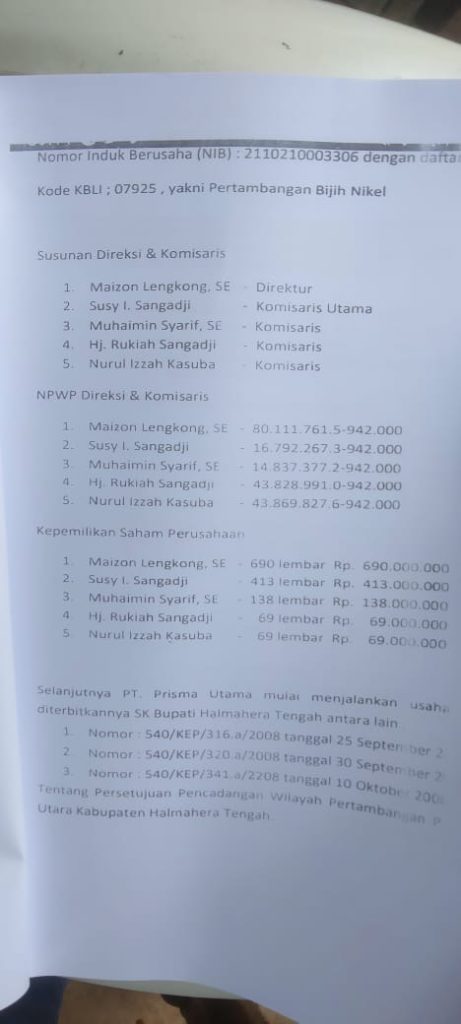 Kadis Lingkungan Hidup Malut Bungkam Soal Izin Ilegal PT Prisma Utama