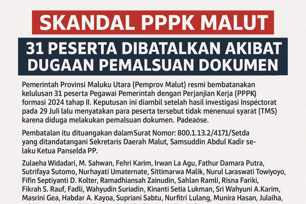 Skandal PPPK Malut, 31 Peserta Dibatalkan Akibat Dugaan Pemalsuan Dokumen