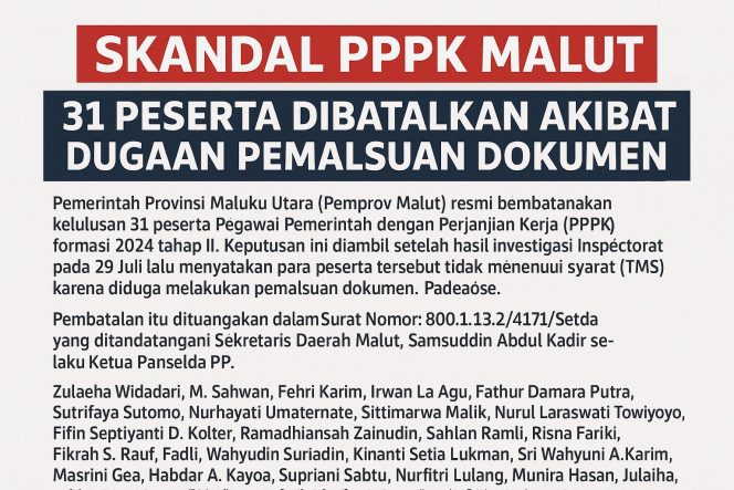 
 Skandal PPPK Malut, 31 Peserta Dibatalkan Akibat Dugaan Pemalsuan Dokumen