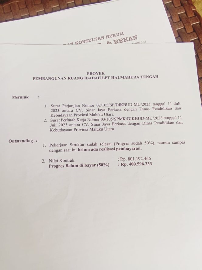 
 Dikbud Malut Terancam Disomasi, Proyek LPT Halteng Mangkrak dan Belum Dibayar