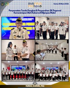 Kakanwil Ditjenpas Malut Sematkan Pangkat dan Serahkan SK Kenaikan Pangkat Pegawai